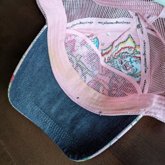 Don Ed Hardy Rhinestone Mesh Hot Pink Hat - Heart & Skull 2000s Y2K Vintage - Picture 5 of 8